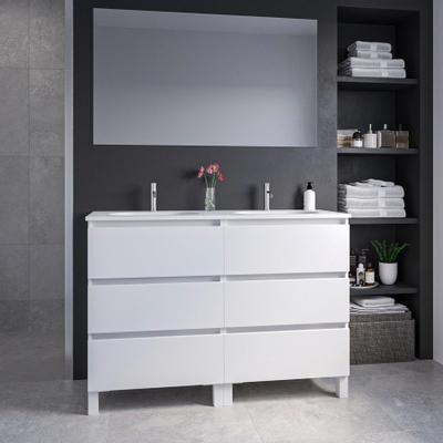 Saniclass Chaci PLUS Meuble de salle de bain - 120x86x46cm - lavabo en céramique blanc - 2 vasques ovales - 2 trous de robinet - 6 tiroirs - miroir rectangulaire - blanc mat