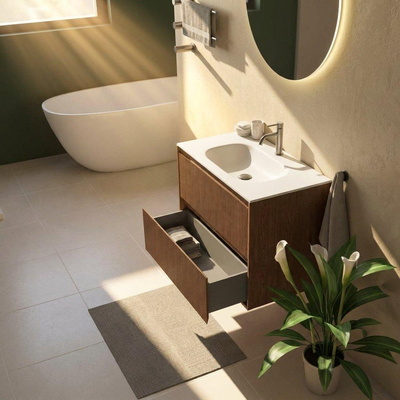 Saniclass Holz Atelier Ensemble meuble de salle de bains - 80x45x61.5cm - Flow lavabo en solid surface blanc - 1 vasque - 1 trou de robinetterie - 2 tiroirs - walnut pure mat (bois)