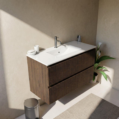 Saniclass Holz Atelier Ensemble meuble de salle de bains - 100x45x62cm - Lavabo Vygo en céramique blanc - 1 vasque - 1 trou de robinet - 2 tiroirs - chêne charcoal mat (bois)