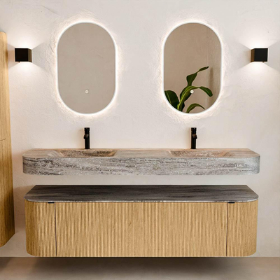 MONDIAZ THOR-DLUX 170cm badmeubel ronding links + rechts kleur Oak met 1 lade en 2 deuren. Vrijhangende wastafel CLOUD Dubbel 2 kraangaten kleur Oza.