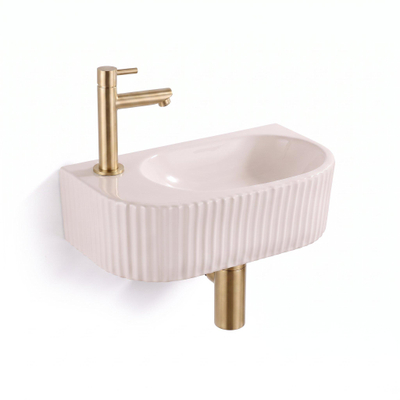 QeramiQ Fuente Fontein - 40x22x12cm - ribbel - halfrond - fonteinkraangat links - keramiek - fonteinkraan geborsteld messing - verlaagd sifon - afvoerplug - linnen