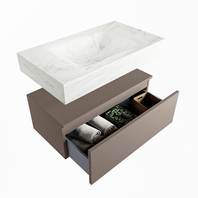 Mondiaz ALAN-DLUX Ensemble de meuble - 80cm - meuble Smoke mat - 1 tiroir - Lavabo Cloud Opalo suspendu - vasque Centre - 1 trou de robinet