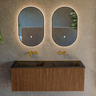 MONDIAZ KURVE 120cm Meuble salle de bain - couleur Walnut - 1 tiroir - vasque CLOUD double - sans trous de robinet - Urban