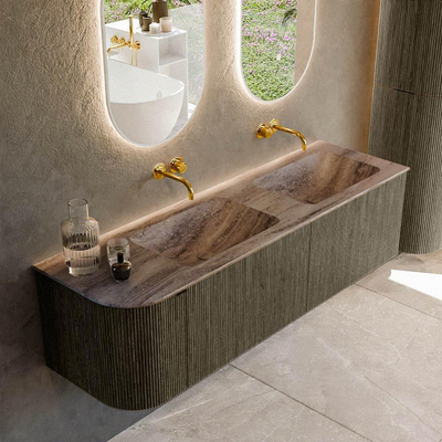 MONDIAZ KURVE-DLUX 155cm meuble de salle de bains arrondi à gauche couleur Shadow avec 2 tiroirs et 1 porte. Lavabo LEAF Double / Droite sans trou de robinet Oza.