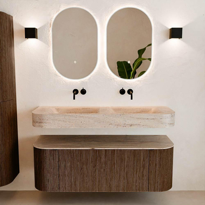 MONDIAZ THOR-DLUX 130cm badmeubel ronding links + rechts kleur Walnut met 1 lade en 2 deuren. Vrijhangende wastafel CLOUD Dubbel zonder kraangat kleur Saba.