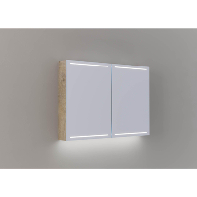 Thebalux - spiegelkast deluxe type 70cm hoog deur van schakelaar/stopcontact led in de onder-en bovenplaat en bladverlichting spieglkast grijs linnen kleur/structuur sand 2x voorzien indirecte achterwand