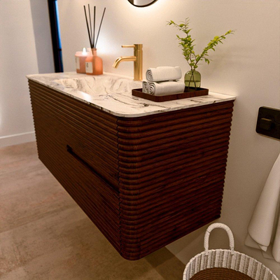 Mondiaz CIRO-DLUX Meuble de salle de bains - 110x45x50cm - Plan vasque solid surface Glace - 1 vasque Centrale - 1 trou de robinet - 2 tiroirs - Ruby