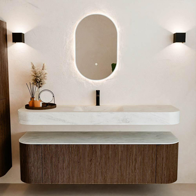 MONDIAZ THOR-DLUX 160cm meuble de salle de bains arrondi gauche + droite couleur Walnut avec 1 tiroir et 2 portes. Vasque suspendue CLOUD Milieu 1 trou de robinet couleur Opalo.