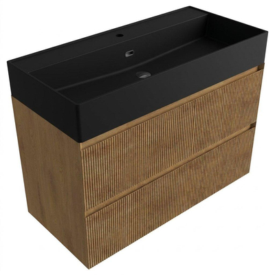 Saniclass Holz Atelier Badkamermeubelset - 100x45x72cm - Legend keramische wastafel mat zwart - 1 wasbak - 1 kraangat - 2 lades - mat eiken natural (hout)