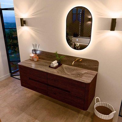 Mondiaz CIRO-DLUX Ensemble de meubles de salle de bains - 150x45x50cm - Plan vasque Solid surface Oza - 1 lavabo à droite - sans trous de robinet - 4 tiroirs - Ruby