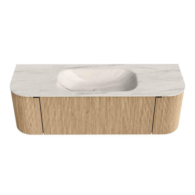 MONDIAZ KURVE-DLUX Meuble de salle de bains 140cm arrondi Gauche + Droite couleur Chêne avec 1 tiroir et 2 portes. Lavabo BIG SMALL Central 1 trou de robinet Meli.