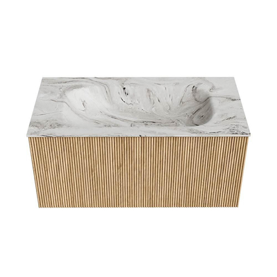 MONDIAZ KURVE-DLUX 90cm badmeubel kleur Oak met 1 lade. Wastafel BIG SMALL midden 1 kraangat kleur Glace.