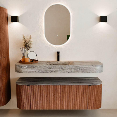 MONDIAZ THOR-DLUX 140cm meuble de salle de bains arrondi gauche + droite couleur Ruby avec 1 tiroir et 2 portes. Vasque suspendue CLOUD Milieu 1 trou de robinet couleur Oza.