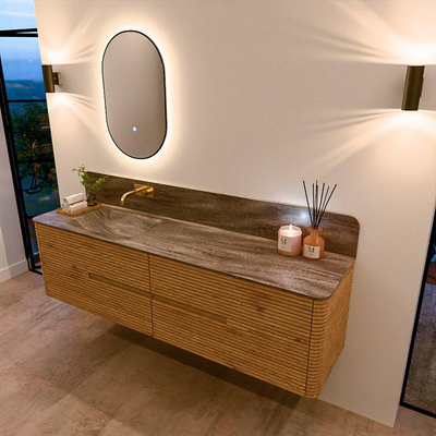 Mondiaz CIRO-DLUX Ensemble de meubles de salle de bains - 180x45x50cm - lavabo Solid surface Oza - 1 vasque à gauche - sans trous de robinet - 4 tiroirs - Chêne