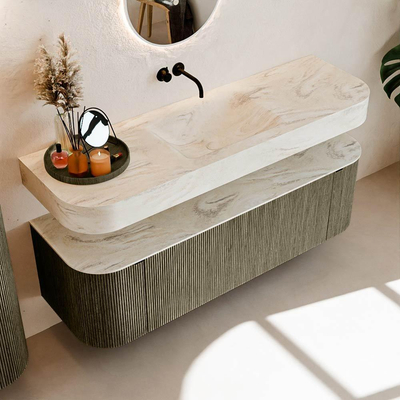 MONDIAZ THOR-DLUX 150cm meuble de salle de bains arrondi gauche + droite couleur Shadow avec 1 tiroir et 2 portes. Vasque suspendue CLOUD Centre sans trou de robinet couleur Ostra.