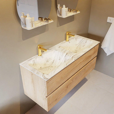 Mondiaz VICA-DLUX Ensemble de meuble de salle de bain - 120cm - meuble sous-vasque chêne blanchi - 2 tiroirs - lavabo encastré cloud double - 2 trous de robinet - version haute de 60cm - glace