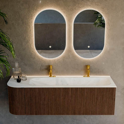 MONDIAZ KURVE-DLUX meuble de salle de bains 145cm avec module 25 L couleur Walnut avec 1 tiroir et 1 porte. Lavabo BIG LARGE à droite 2 trous de robinetterie couleur Opalo.