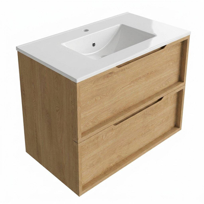 Saniclass Holz Frame Ensemble de meubles de salle de bains - 80x45x62cm - lavabo Vygo en céramique blanc - 1 vasque - sans trou de robinet - 2 tiroirs - chêne naturel mat (bois)