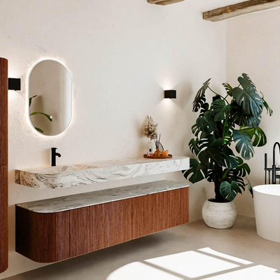 MONDIAZ THOR-DLUX Meuble de salle de bains 190cm arrondi gauche + droite couleur Ruby avec 2 tiroirs et 2 portes. Vasque suspendue CLOUD Gauche 1 trou de robinet couleur Glace.