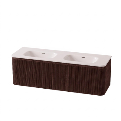 Royal Plaza Terra Edge Badkamermeubelset - 140x44.7x46cm - solid surface wastafel wit mat - 2 wasbakken - 2 kraangaten - 2 lades - kastanje (walnoot)