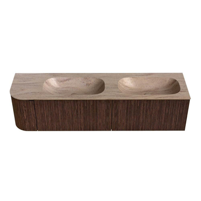 MONDIAZ KURVE-DLUX 175cm badmeubel ronding Links kleur Walnut met 2 lades en 1 deur. Wastafel STOR SMALL Dubbel / Rechts zonder kraangat Saba.