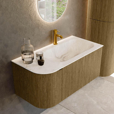 Mondiaz KURVE-DLUX Badkamermeubelset - 95x46x40cm - 1 lade - 1 deur - wastafel solid surface - rechts - 1 kraangat - Dusk