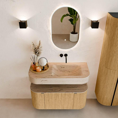 MONDIAZ THOR-DLUX 100cm badmeubel ronding links + rechts kleur Oak met 1 lade en 2 deuren. Vrijhangende wastafel CLOUD Rechts zonder kraangat kleur Arena.