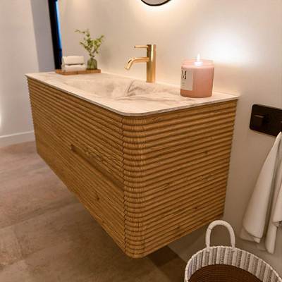 Mondiaz CIRO-DLUX ENSEMBLE DE MEUBLE DE SALLE DE BAINS - 120x45x50cm - Plan-vasque solid surface Frappe - 1 bassin à droite - 1 trou de robinet - 2 tiroirs - Chêne