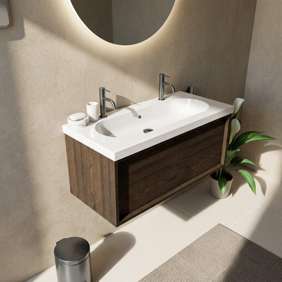 Saniclass Holz Frame Ensemble de meubles de salle de bains - 100x45x43.5cm - lavabo en céramique Palermo blanc - 1 vasque - 2 trous de robinetterie - 1 tiroir - chêne charcoal mat (bois)