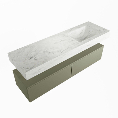 Mondiaz ALAN-DLUX Ensemble de meuble - 150cm - meuble Army mat - 2 tiroirs - Lavabo Cloud Opalo suspendu - vasque Droite - 0 trous de robinet