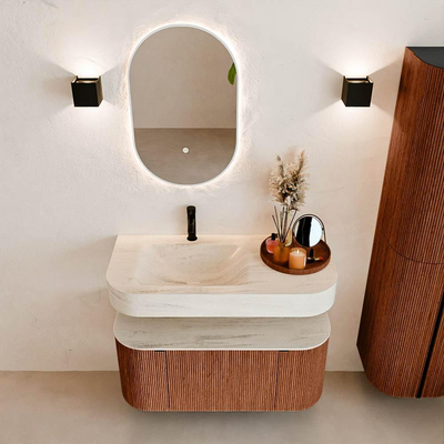 MONDIAZ THOR-DLUX 100cm meuble de salle de bains arrondi gauche + droite couleur Ruby avec 1 tiroir et 2 portes. Vasque suspendue CLOUD gauche 1 trou de robinet couleur Meli.