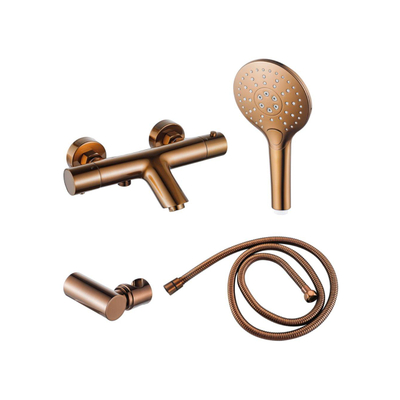 FugaFlow Eccelente Acces Thermostatische badkraan met ronde handdouche, handdouchehouder en metalen doucheslang Geborsteld koper PVD (Koper)