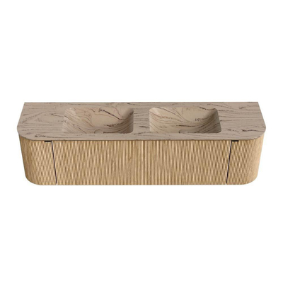 MONDIAZ KURVE-DLUX 170cm badmeubel ronding Links + Rechts kleur Oak met 1 lade en 2 deuren. Wastafel LEAF Dubbel 2 kraangaten Arena.