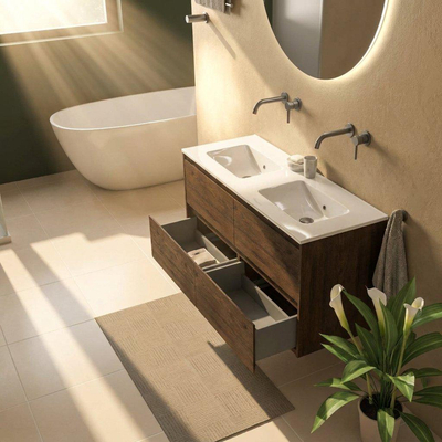 Saniclass Holz Pure Ensemble meuble de salle de bains - 120x45x62cm - Vasque Vygo en céramique blanche - 2 vasques - sans trous de robinet - 4 tiroirs - chêne charcoal mat (bois)