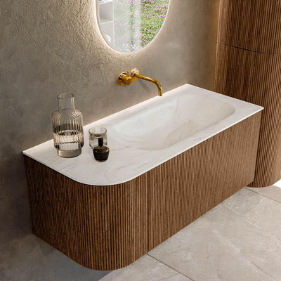 MONDIAZ KURVE-DLUX 105cm Meuble salle de bain avec module 25 G - couleur Walnut - 1 tiroir - 1 porte - vasque BIG SMALL droite - sans trou de robinet - couleur Ostra