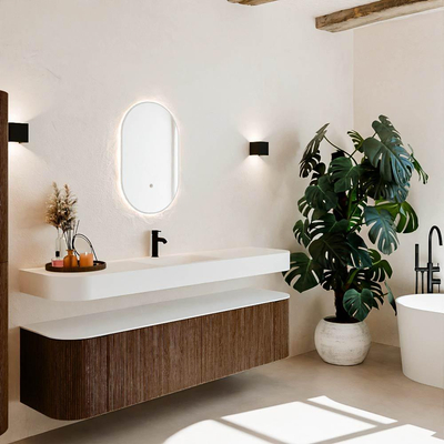 MONDIAZ THOR 180cm meuble de salle de bains arrondi gauche + droite couleur Walnut avec 2 tiroirs et 2 portes. Vasque suspendue CLOUD Milieu 1 trou de robinet couleur Talc.