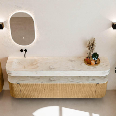 MONDIAZ THOR-DLUX 200cm meuble de salle de bains arrondi gauche + droite couleur Chêne avec 2 tiroirs et 2 portes. Vasque suspendue CLOUD Gauche sans trou de robinet couleur Ostra.