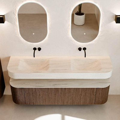 MONDIAZ THOR-DLUX Meuble de salle de bains 170cm arrondi gauche + droite couleur Walnut avec 1 tiroir et 2 portes. Vasque suspendue CLOUD Double sans trou de robinet couleur Meli.