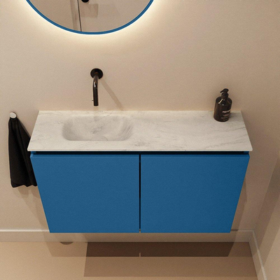 MONDIAZ TURE-DLUX Meuble toilette - 80cm - Jeans - EDEN - vasque Opalo - position gauche - sans trou de robinet