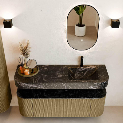 MONDIAZ THOR-DLUX 140cm meuble de salle de bains arrondi gauche + droite couleur Dusk avec 1 tiroir et 2 portes. Vasque suspendue CLOUD Droite 1 trou de robinet couleur Lava.