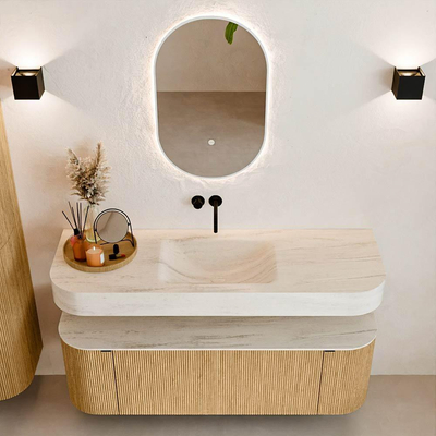 MONDIAZ THOR-DLUX 140cm meuble de salle de bains arrondi gauche + droite couleur Oak avec 1 tiroir et 2 portes. Vasque suspendue CLOUD Milieu sans trou de robinet couleur Meli.