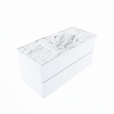 Mondiaz VICA-DLUX Ensemble de meuble de salle de bain - 100cm - meuble sous-vasque talc - 2 tiroirs - lavabo encastrée cloud milieu - sans trous de robinet - version haute de 60cm - glace