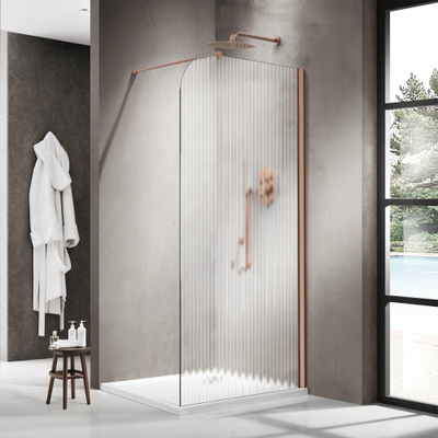 Fortifura Galeria Paroi de douche à l’italienne - 90x200cm - paroi en verre arrondie - droite - verre nervuré - barre de fixation murale - cuivre brossé PVD