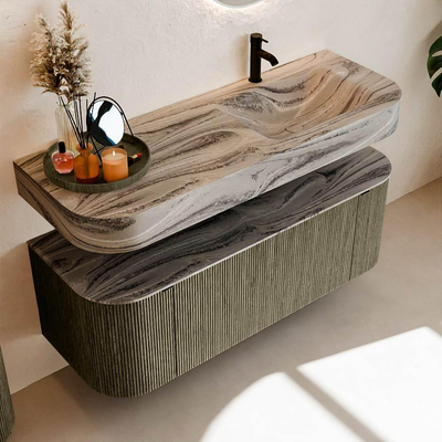 MONDIAZ THOR-DLUX 130cm meuble de salle de bains arrondi gauche + droite couleur Shadow avec 1 tiroir et 2 portes. Vasque suspendue CLOUD Droite 1 trou de robinet couleur Sombra.