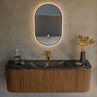 MONDIAZ KURVE-DLUX 140cm Meuble salle de bain avec module 25 G et D - couleur Walnut - 1 tiroir - 2 portes - vasque BIG SMALL centre - 1 trou de robinet - couleur Lava