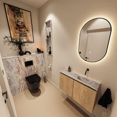 MONDIAZ TURE-DLUX Meuble de toilettes 80 cm Washed Oak. Lavabo EDEN Glace position droite. Sans trou de robinet.
