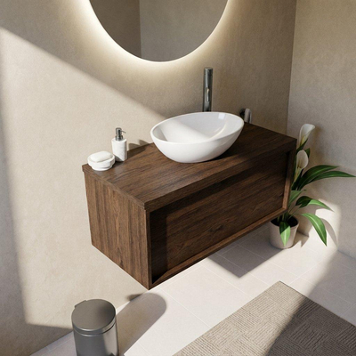 Saniclass Holz Frame Ensemble meuble de salle de bains - 100x45x43cm - Plan vasque en basalte Noche poli (noir) - 1 trou de robinet - 1 tiroir - chêne charcoal mat (bois)