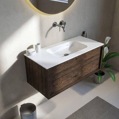 Saniclass Holz Frame Ensemble meuble de salle de bains - 100x45x41.5cm - Vasque Flow en solid surface blanc - 1 vasque - sans trou de robinet - 1 tiroir - chêne charcoal mat (bois)