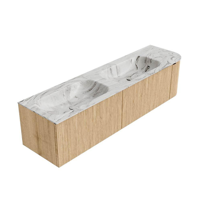 MONDIAZ KURVE-DLUX 175cm badmeubel met module 25 R kleur Oak met 2 lades en 1 deur. Wastafel STOR SMALL dubbel / links zonder kraangat kleur Glace.
