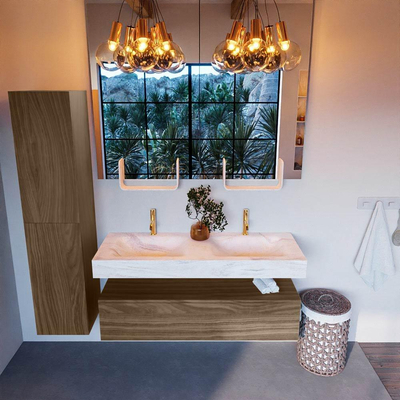 Mondiaz ALAN-DLUX 130cm badmeubel onderkast Mocha 1 lade. Vrijhangende wastafel CLOUD dubbel 2 kraangaten, kleur Ostra.